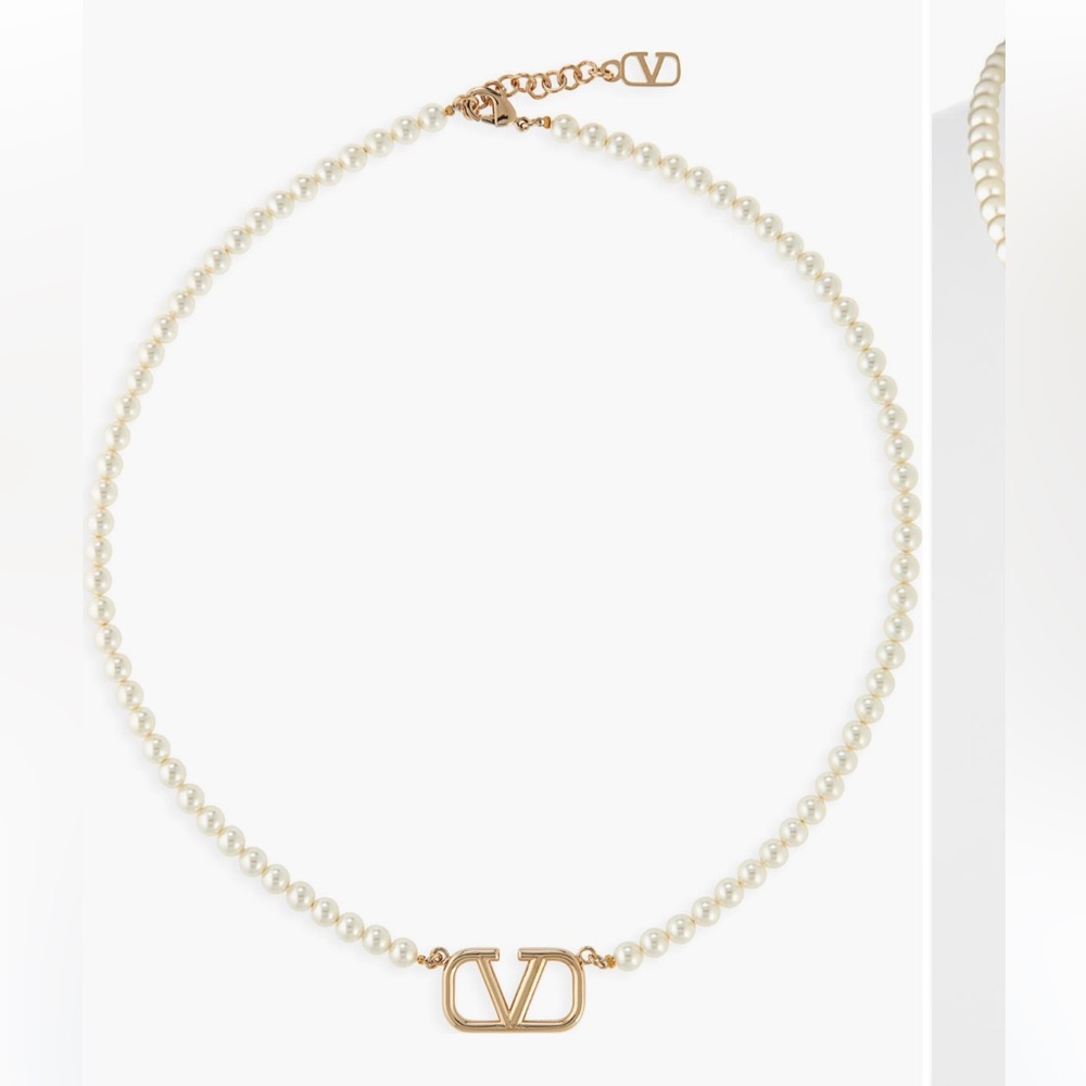Valentino Cream Pearl Necklace with Gold V Logo